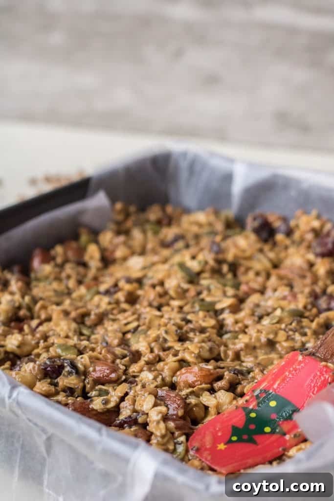 Closeup of the combined trail mix energy bar mixture pressed into a pan.