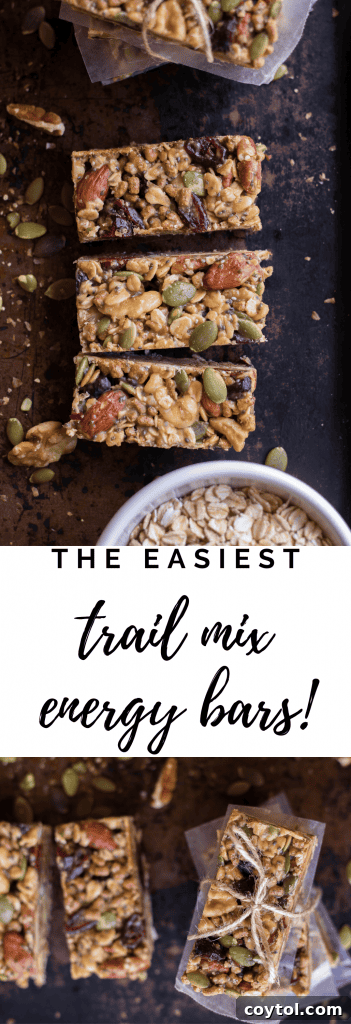 Pinterest graphic: 'The easiest no-bake trail mix energy bars recipe'.