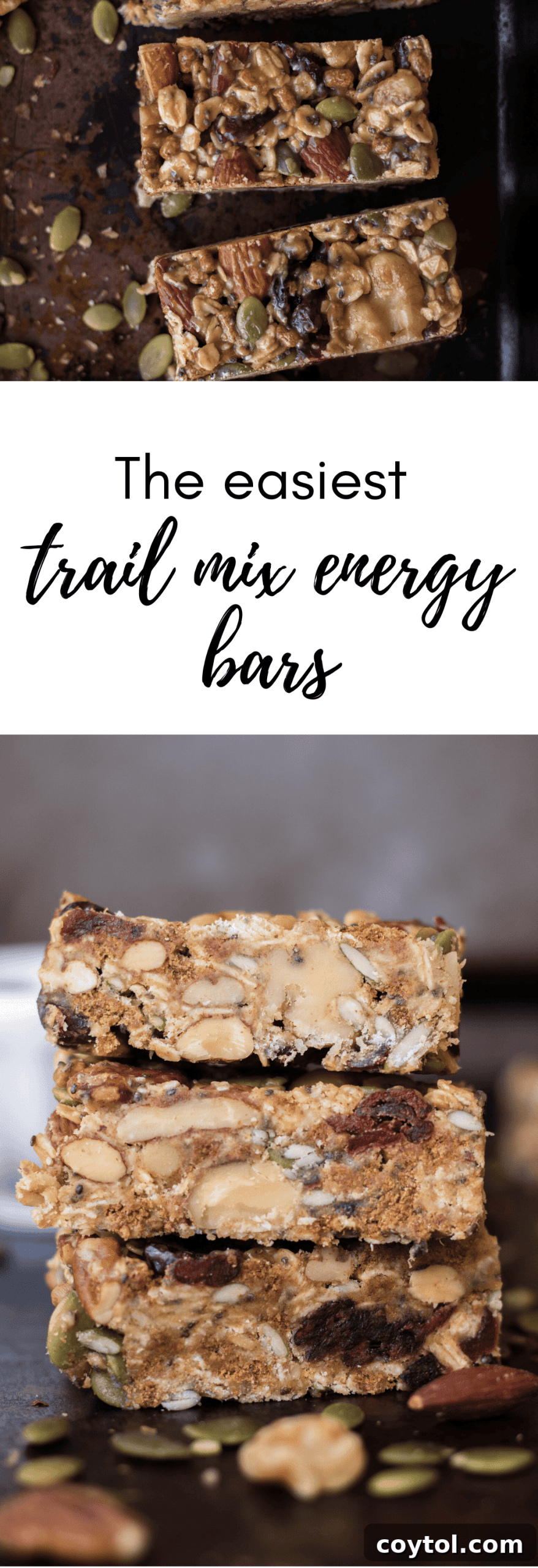 Another Pinterest graphic for 'easy and healthy trail mix granola energy bars'.
