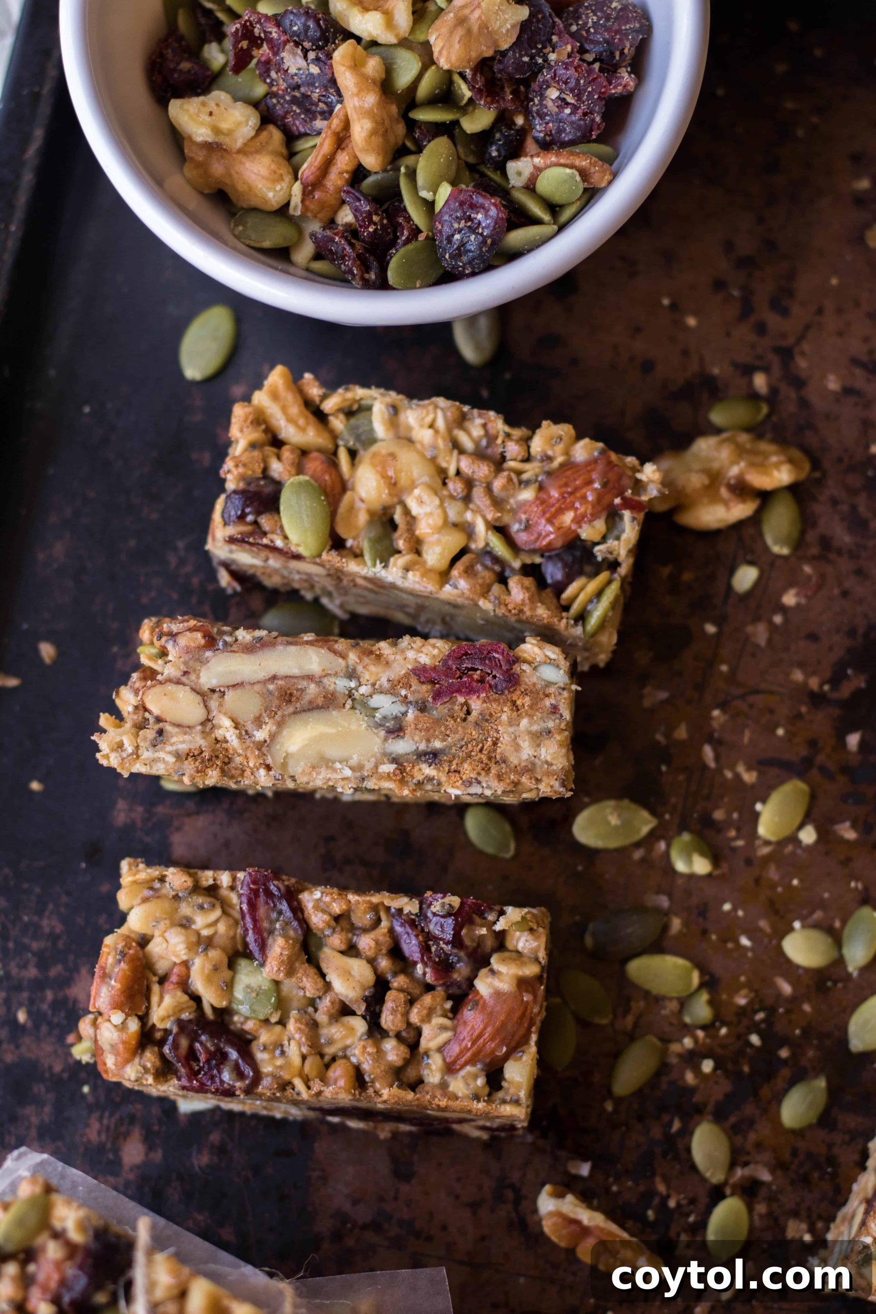 Easy and satisfying homemade trail mix granola energy bars ready for snacking.