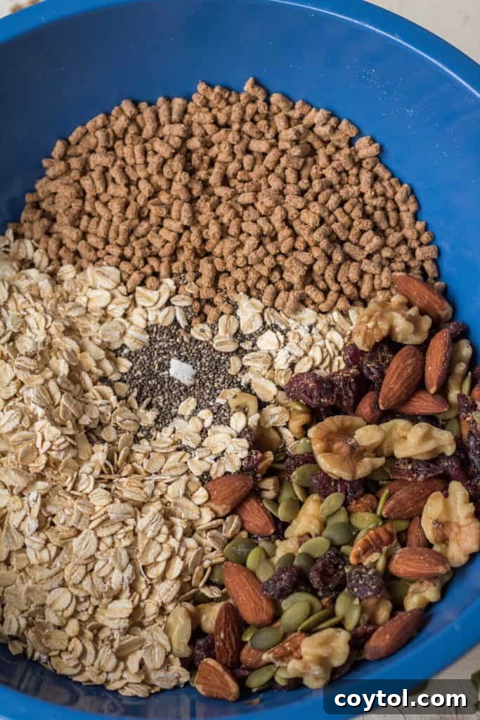 Preparation shot showing ingredients combined for trail mix energy bars recipe.