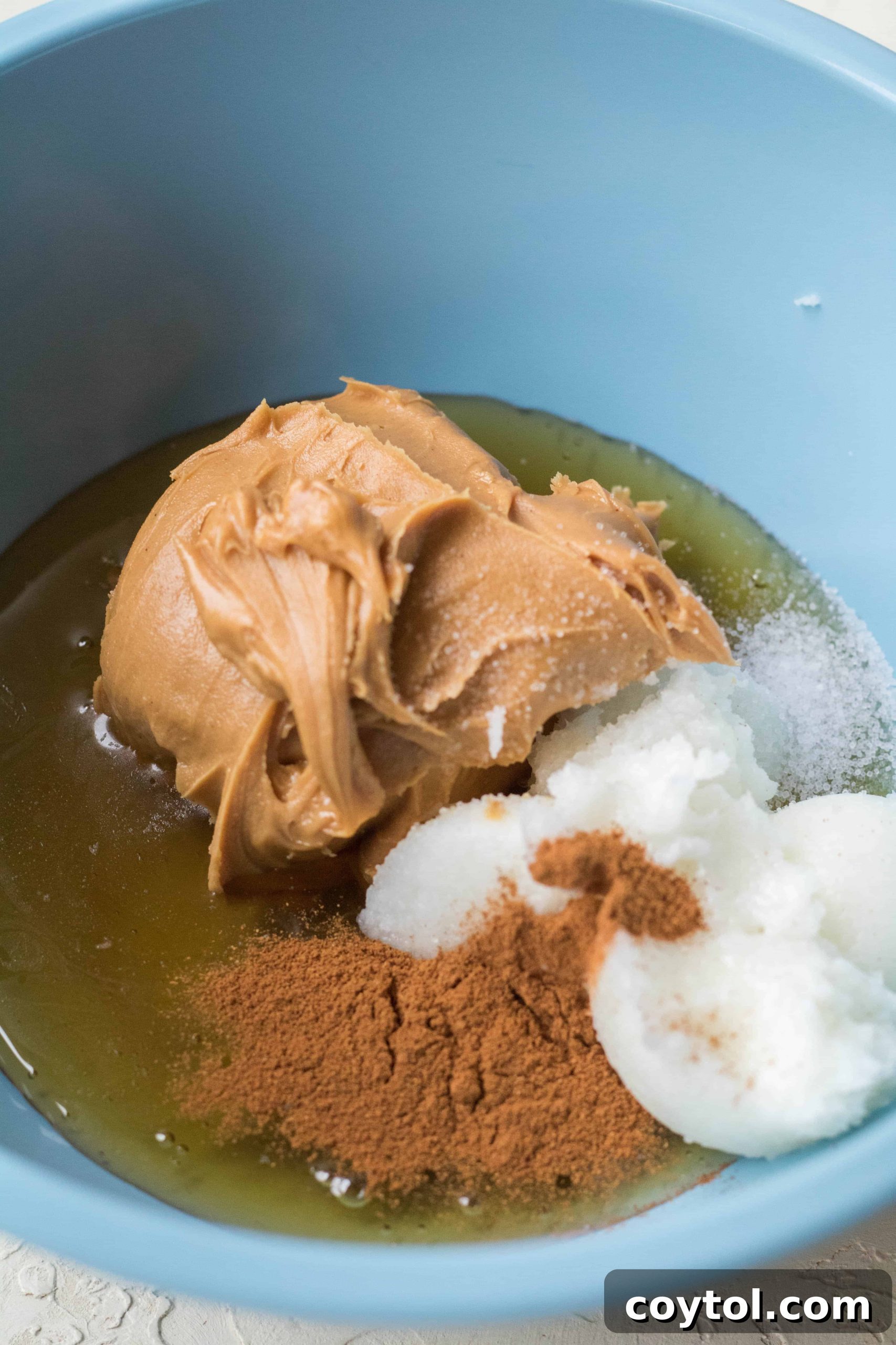 Overhead view of wet ingredients being mixed for trail mix energy bars.