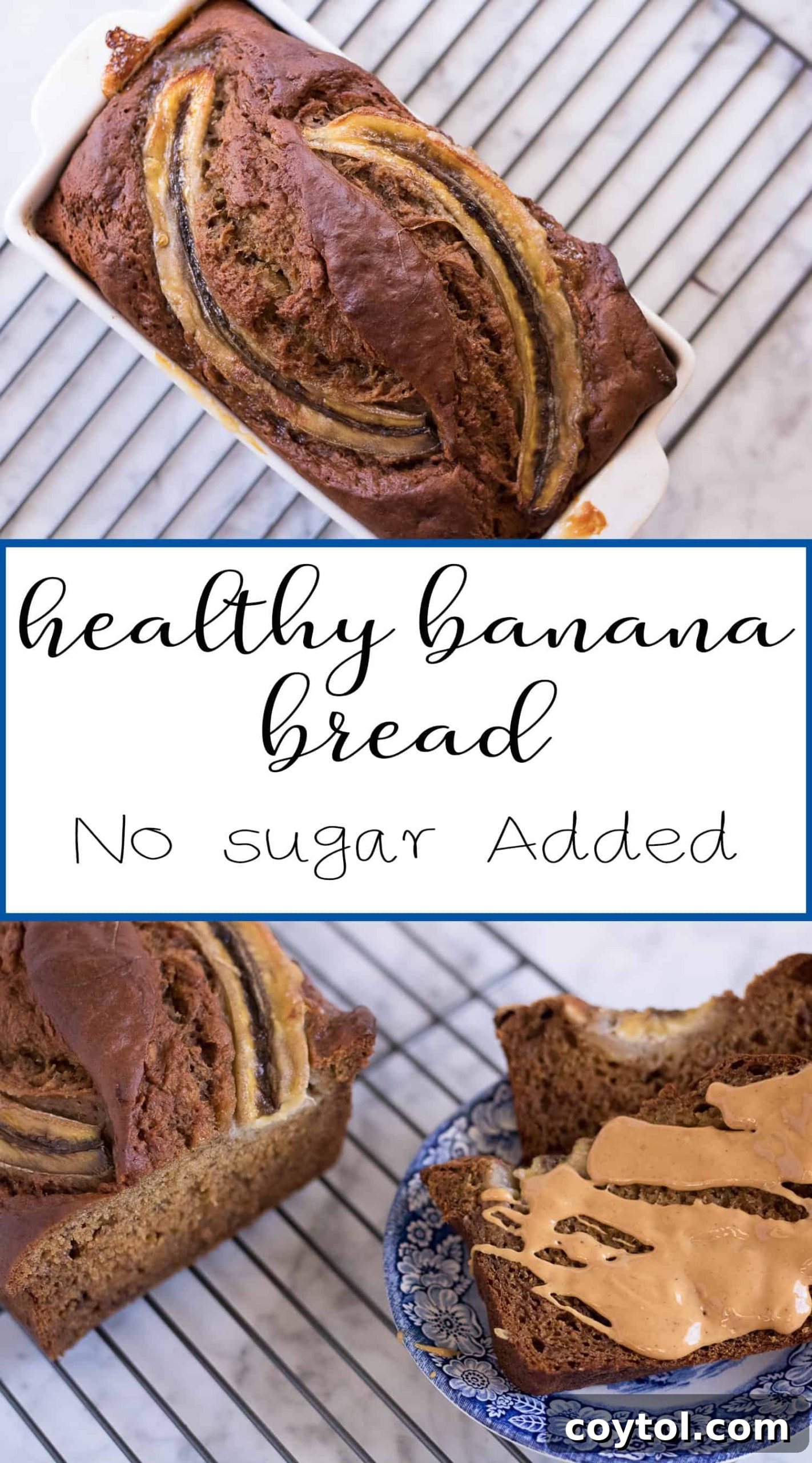 Pinterest optimized image for No Sugar Added Banana Bread, featuring a slice with nuts and a cup of tea