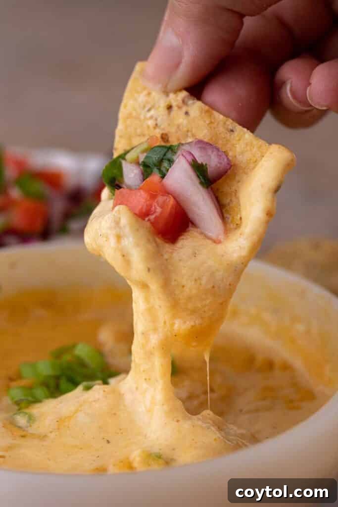 A hand dipping a tortilla chip into creamy cottage cheese queso, showcasing its rich texture and a perfect serving size.