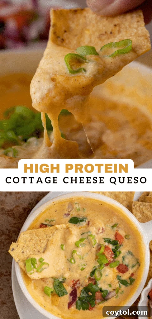 A stunning shot of cottage cheese queso, perfect for pinning, emphasizing its creamy texture and delicious appeal.