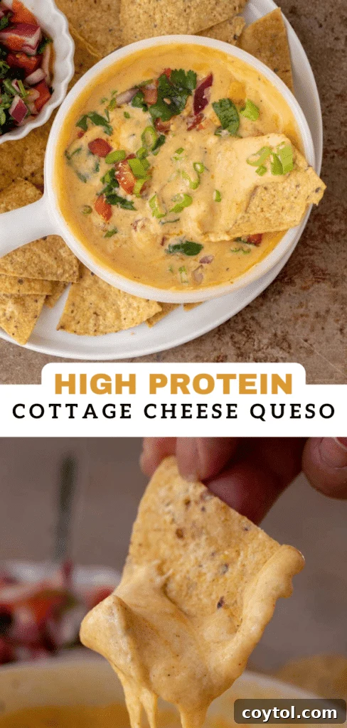A Pinterest collage featuring various tempting images of the high protein cottage cheese queso, designed for social sharing.
