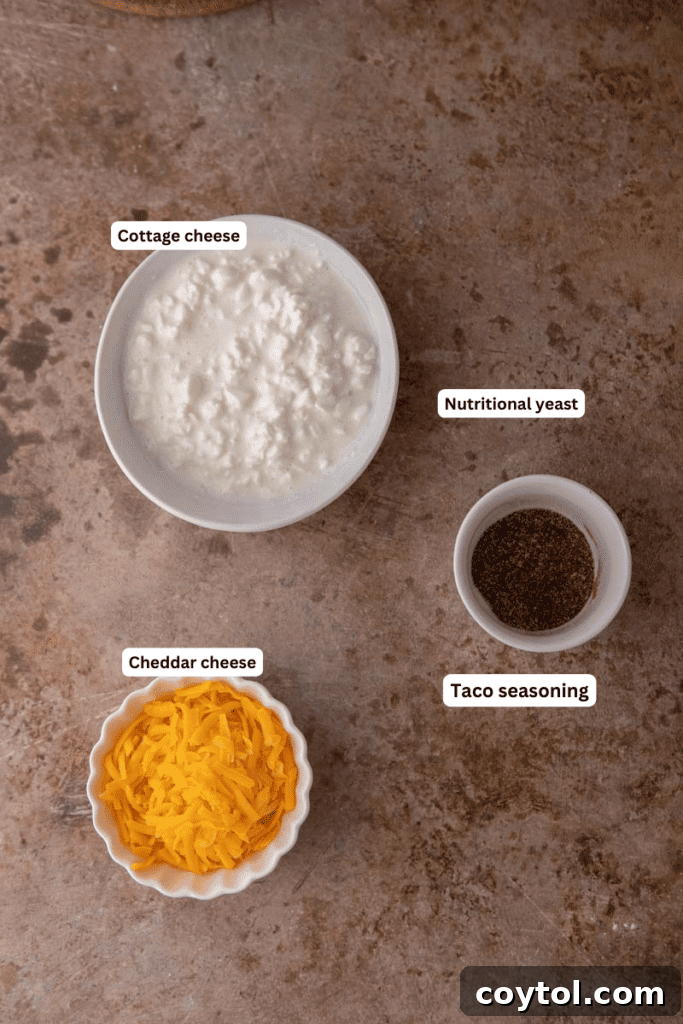 A collection of fresh ingredients laid out on a kitchen counter, including a bowl of cottage cheese, shredded cheddar, taco seasoning, and nutritional yeast, ready for blending into the queso.