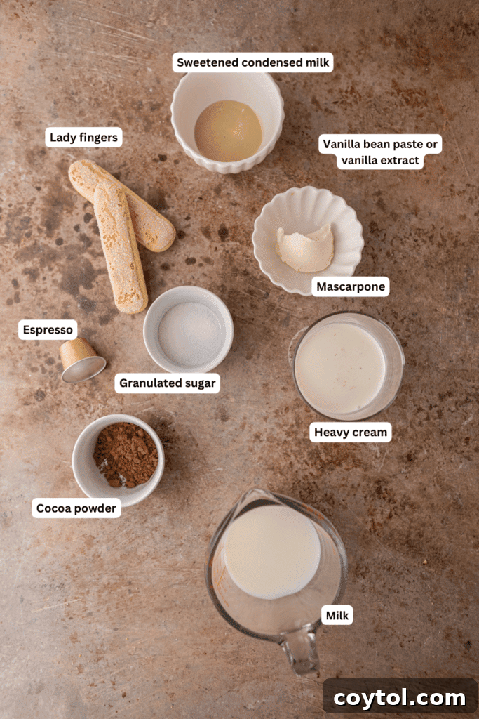 Ingredients for tiramisu latte laid out on a kitchen counter.