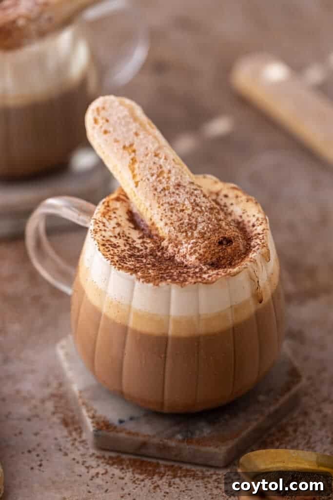 Beautifully prepared tiramisu latte recipe with garnishes.