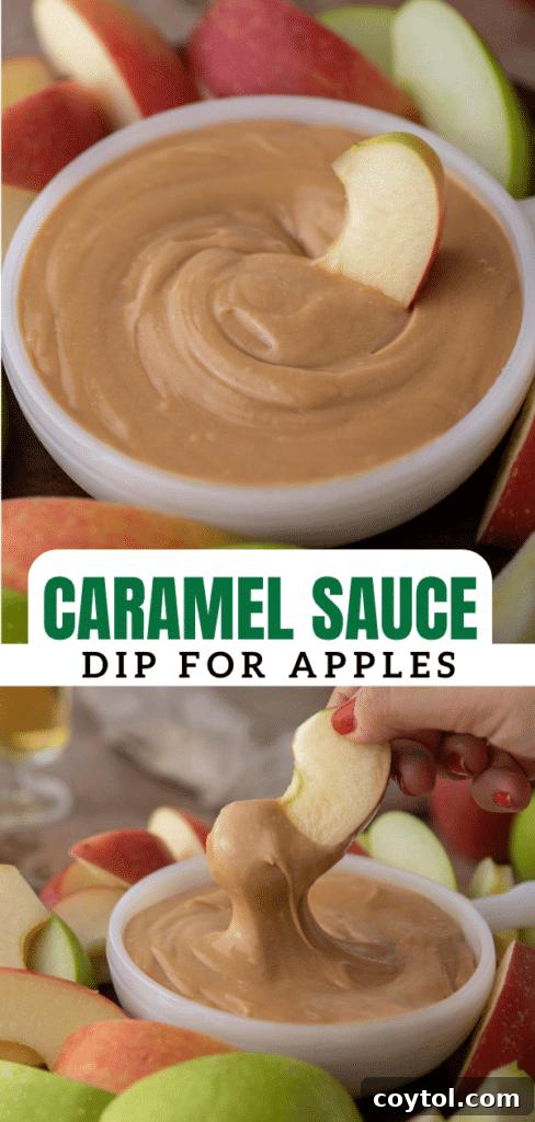 A vibrant collage featuring a jar of homemade caramel dip with apples and a serving of caramel sauce on a spoon.