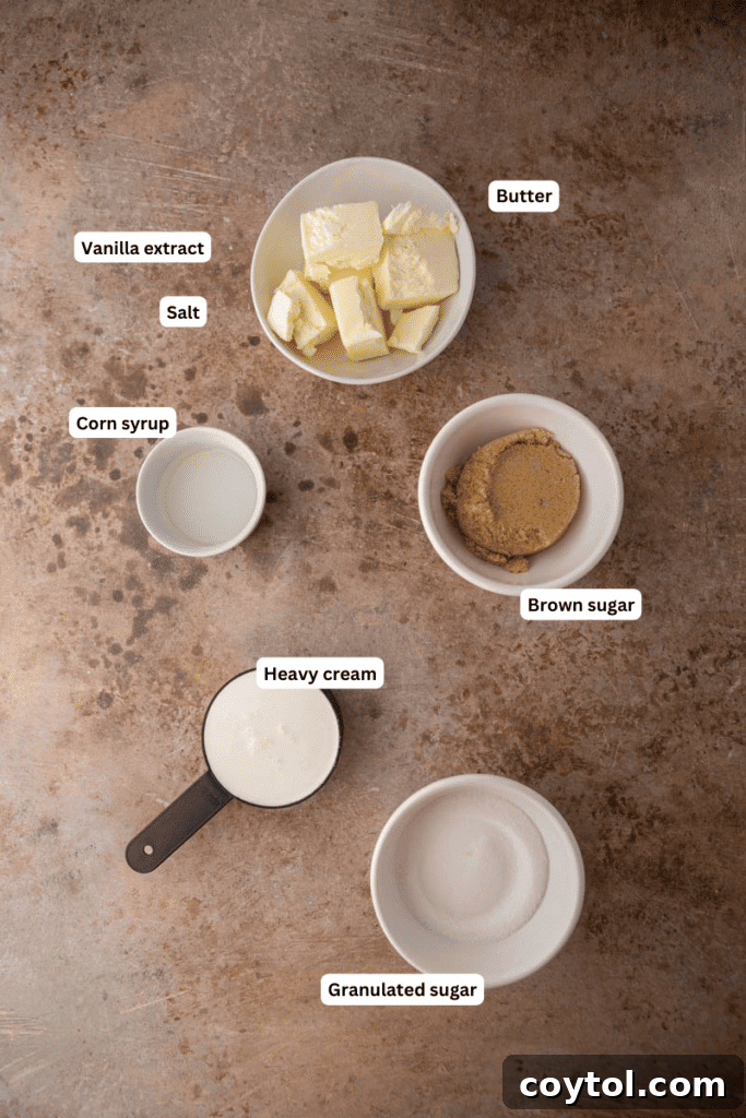 Essential ingredients for homemade caramel sauce, neatly arranged on a kitchen counter: butter, brown sugar, granulated sugar, corn syrup, heavy cream, vanilla extract, and salt.
