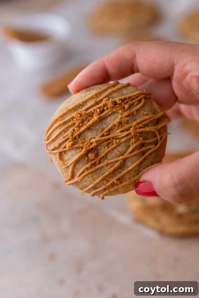 A mini Crumbl cookie butter lava cookie with a gooey center.