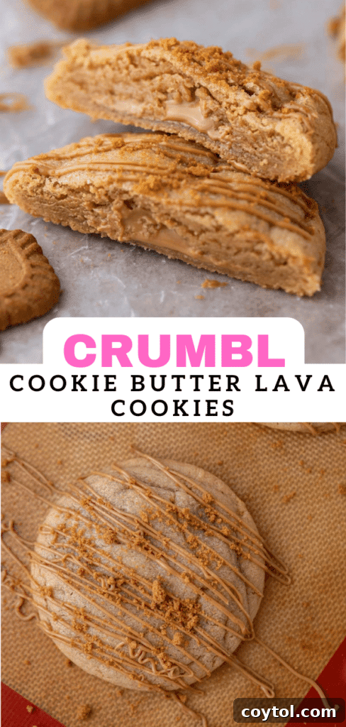 Three Crumbl cookie butter lava cookies stacked artfully.