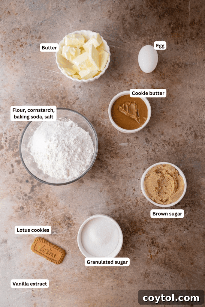 Ingredients for cookie butter lava cookies laid out on a kitchen counter.