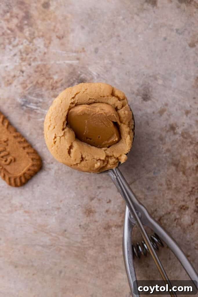 Scooped cookie dough with a well for cookie butter in the middle.