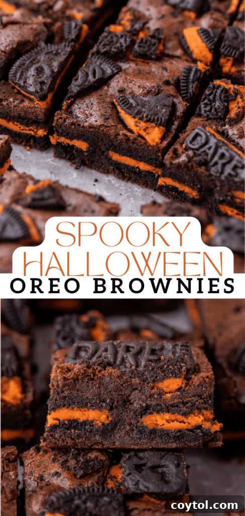 Spooky Halloween Oreo brownies with orange-filled cookies
