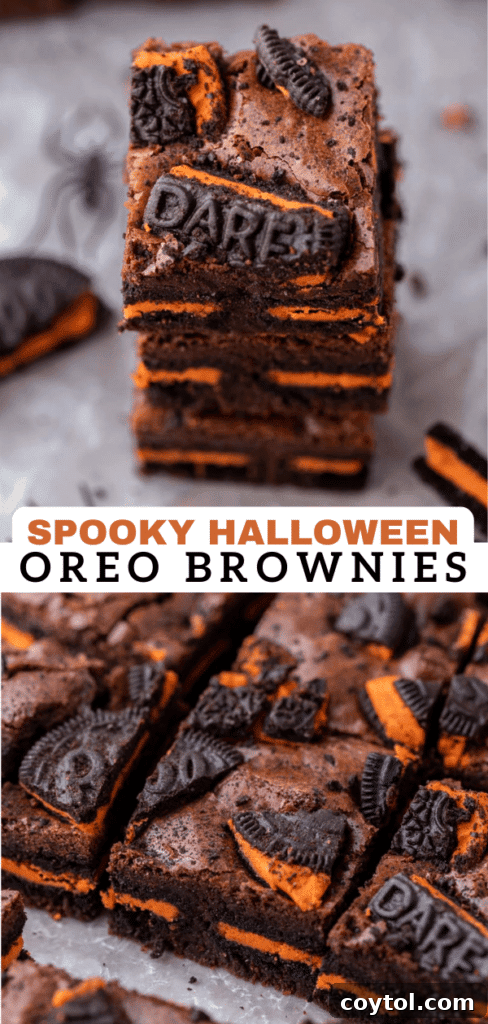 Close-up of Halloween Oreo brownies, showing the fudgy texture and cookie pieces