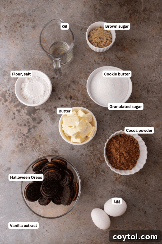 Common baking ingredients for brownies laid out on a kitchen counter