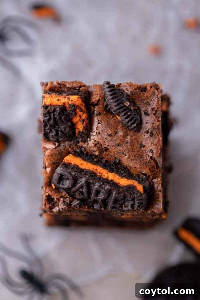 Overhead shot of Halloween-inspired Oreo brownies with orange filling visible