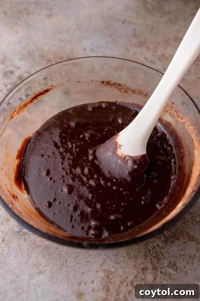 Thick, glossy brownie batter in a mixing bowl before dry ingredients are added