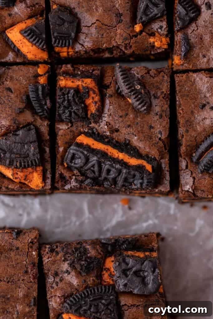 Close-up of baked Halloween Oreo brownies fresh out of the oven