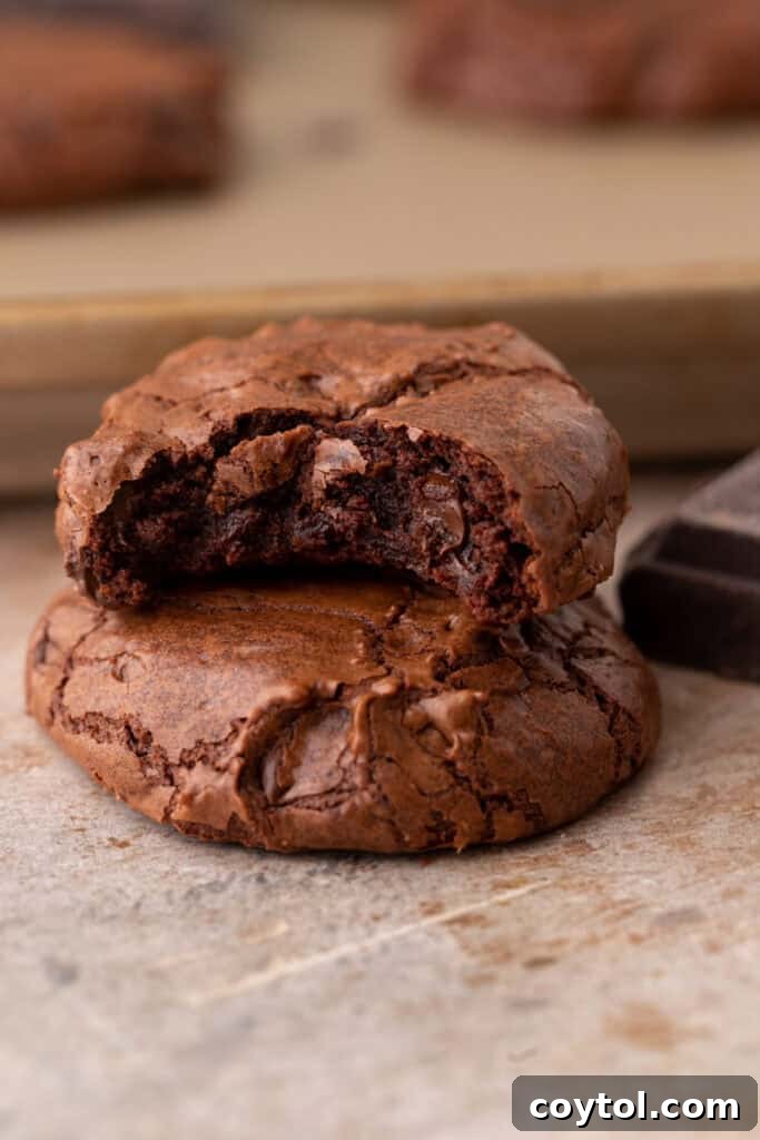 Close-up of a stack of small batch brownie cookies on a white plate, showcasing their crinkly tops and rich chocolate color.