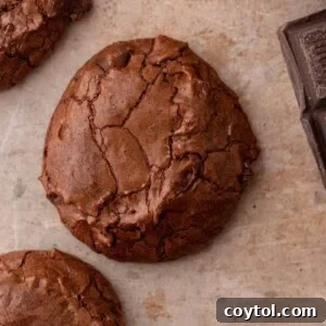 A close-up of a perfectly baked small batch brownie cookie, showing its fudgy texture and crinkly top.