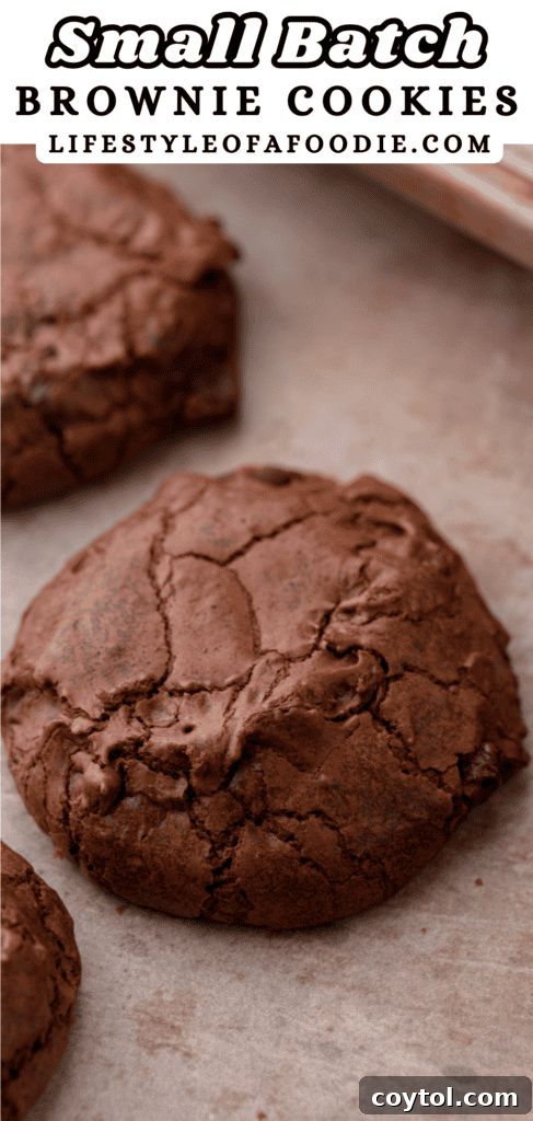 A top-down view of several small batch brownie cookies arranged artfully on a serving plate, showing their perfect crinkled tops and rich color.