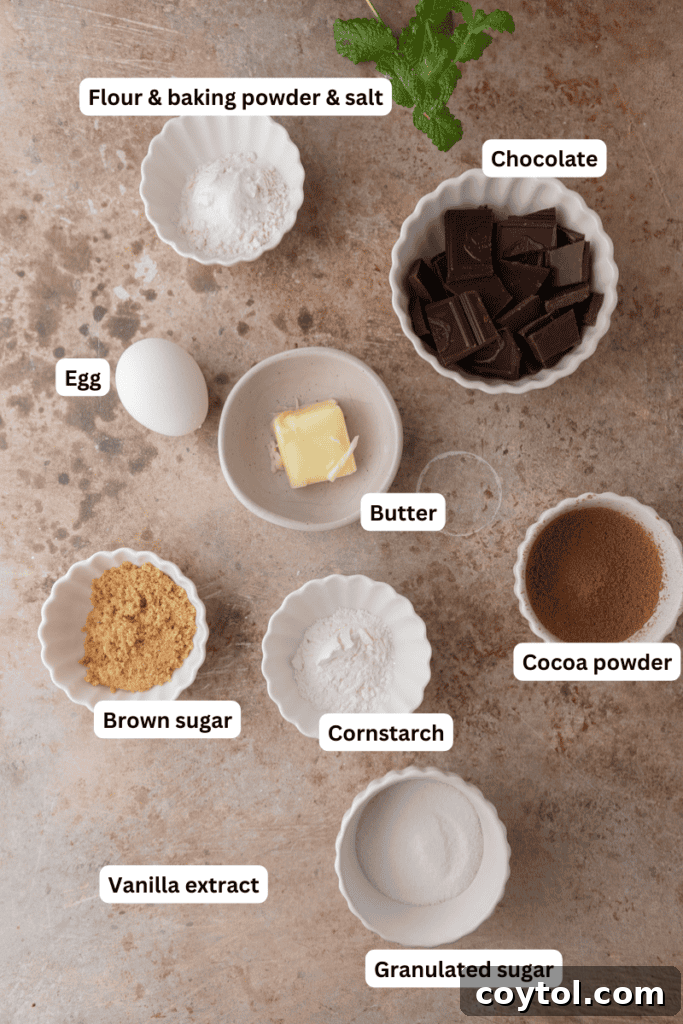 Various baking ingredients laid out on a kitchen counter, including butter, dark chocolate, sugars, and flour, ready for making brownie cookies.