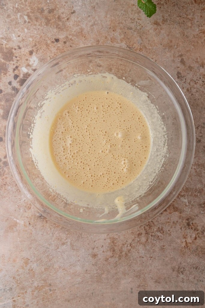 Whipped egg, granulated sugar, and brown sugar mixture in a bowl, showing its light and airy texture after beating.