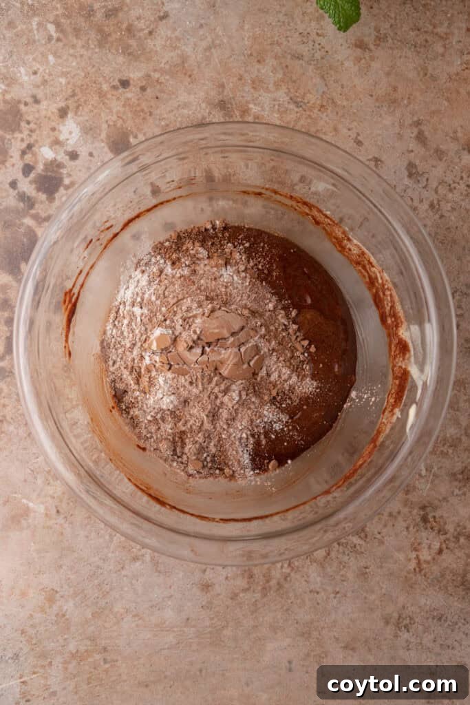 Rich, dark brownie cookie batter in a mixing bowl after all wet and dry ingredients are combined.