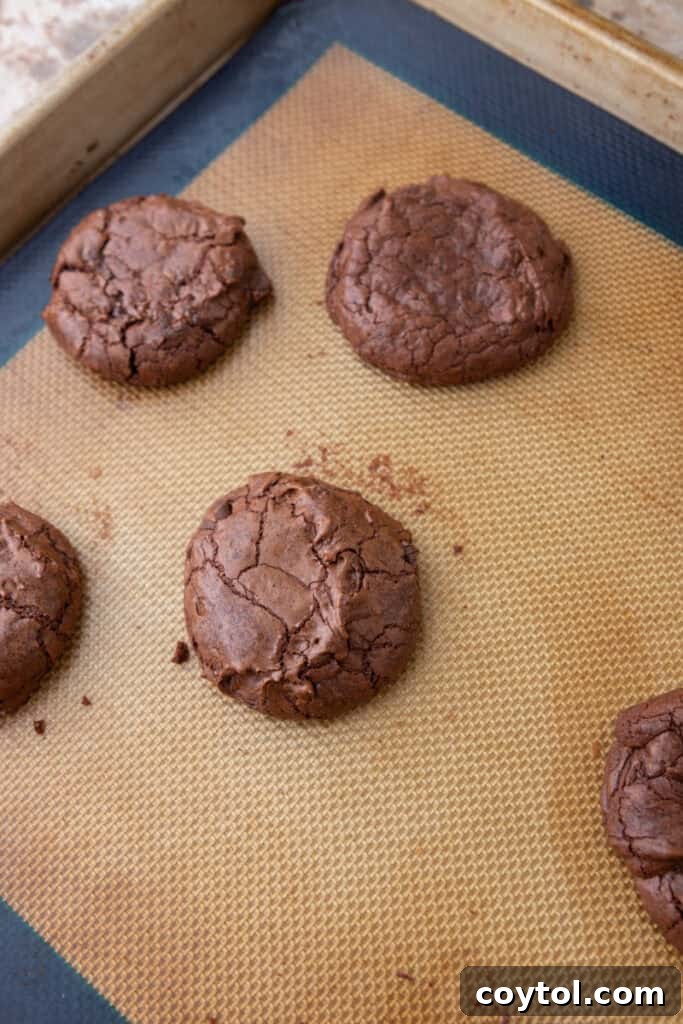 Freshly baked chocolate brownie cookies on a baking sheet, displaying their crinkled tops and soft, fudgy centers.