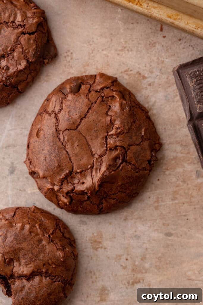 A single small batch brownie cookie resting on a wooden counter, highlighting its perfect shape and crinkled top and inviting texture.