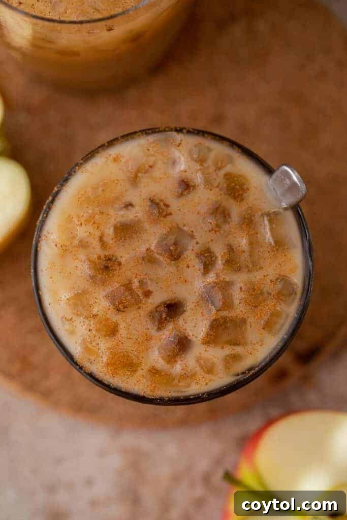 Starbucks Iced Apple Crisp Oatmilk Shaken Espresso 11 An overhead view of a glass of homemade Iced Apple Crisp Oatmilk Shaken Espresso, with a spoon nearby, highlighting the cozy fall beverage.
