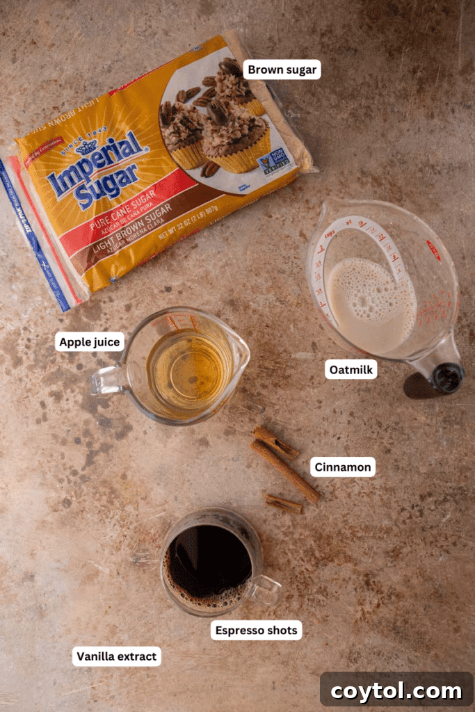 Starbucks Iced Apple Crisp Oatmilk Shaken Espresso 3 Various ingredients for making the Iced Apple Crisp Oatmilk Shaken Espresso, including apple juice, brown sugar, cinnamon sticks, vanilla extract, and oat milk, neatly laid out on a kitchen counter.