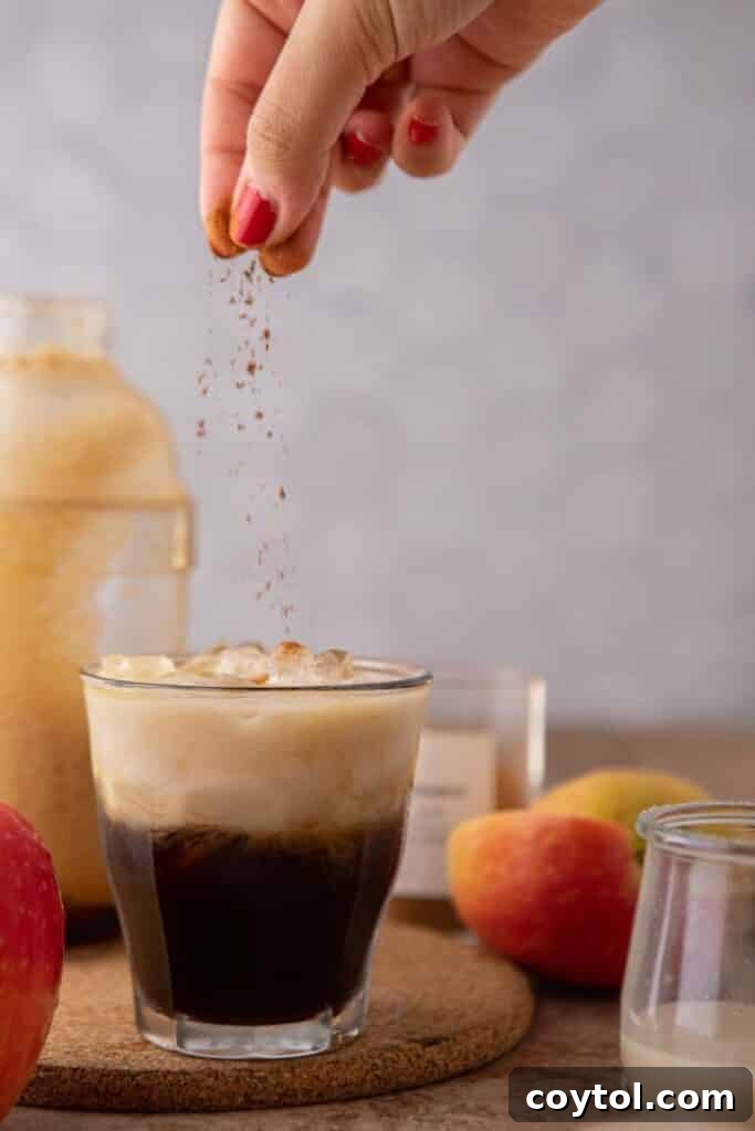 Starbucks Iced Apple Crisp Oatmilk Shaken Espresso 10 A final sprinkle of cinnamon powder over the top of the finished homemade Starbucks Iced Apple Crisp Oatmilk Shaken Espresso.