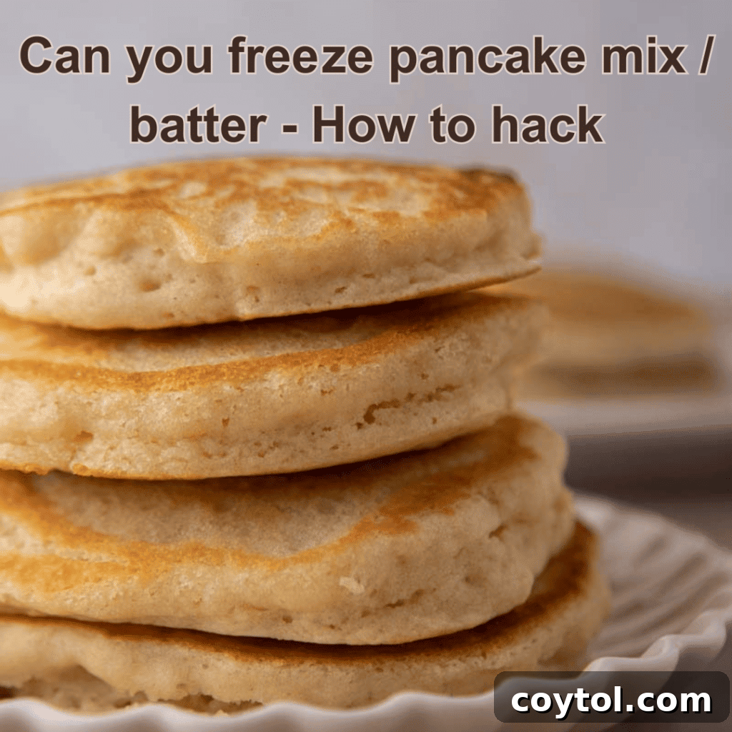 Close-up shot of pancake batter in a bowl with a whisk, ready for freezing.