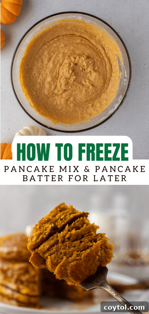 Pinterest collage with step-by-step visuals on how to freeze pancake batter, designed for social media sharing.
