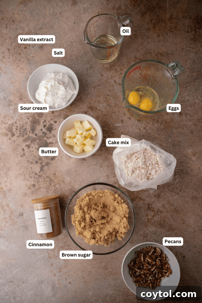 Ingredients for cake mix coffee cake laid out on a counter