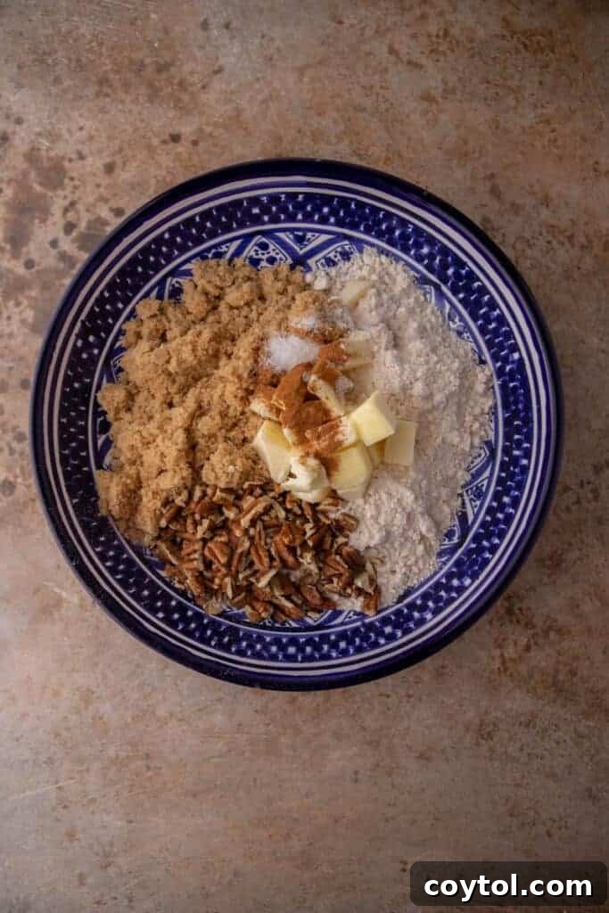 Streusel toppings in a bowl, showing the crumbly texture