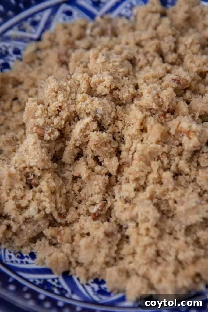 Streusel toppings in a bowl, close up