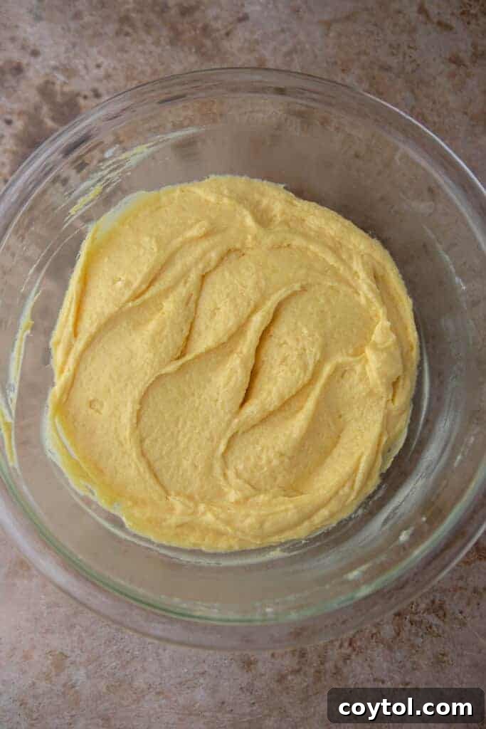 Smooth cake batter in a bowl