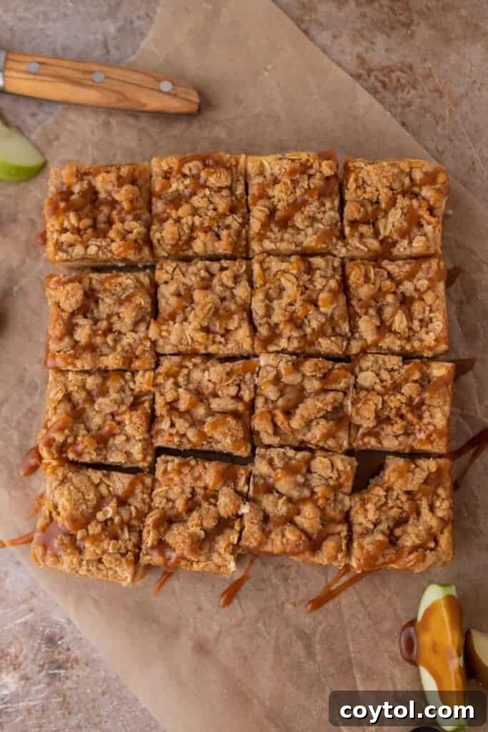 Freshly baked apple cheesecake bars with streusel crisp topping, golden and inviting.