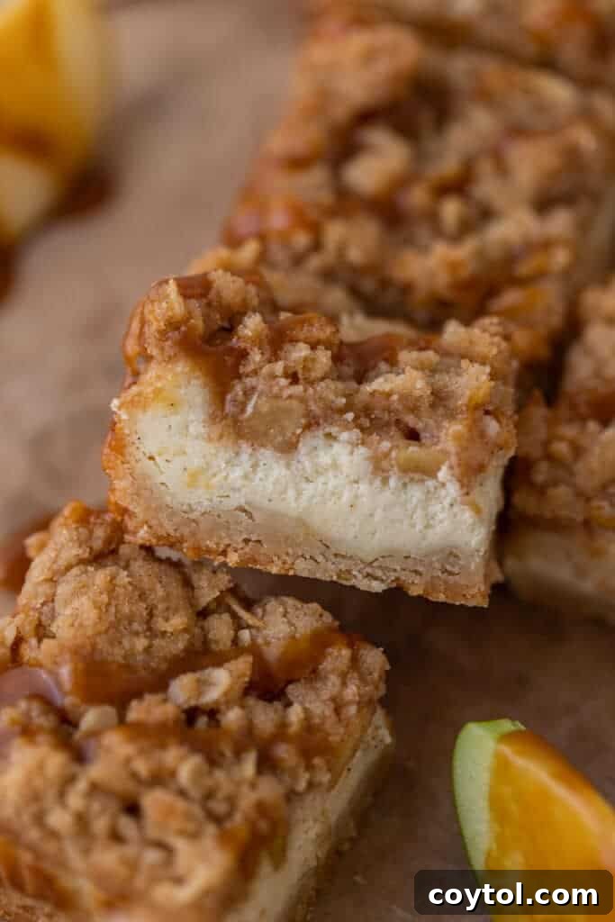 Exquisitely crafted apple cheesecake bars with a generous caramel drizzle, highlighting their delicious appeal.