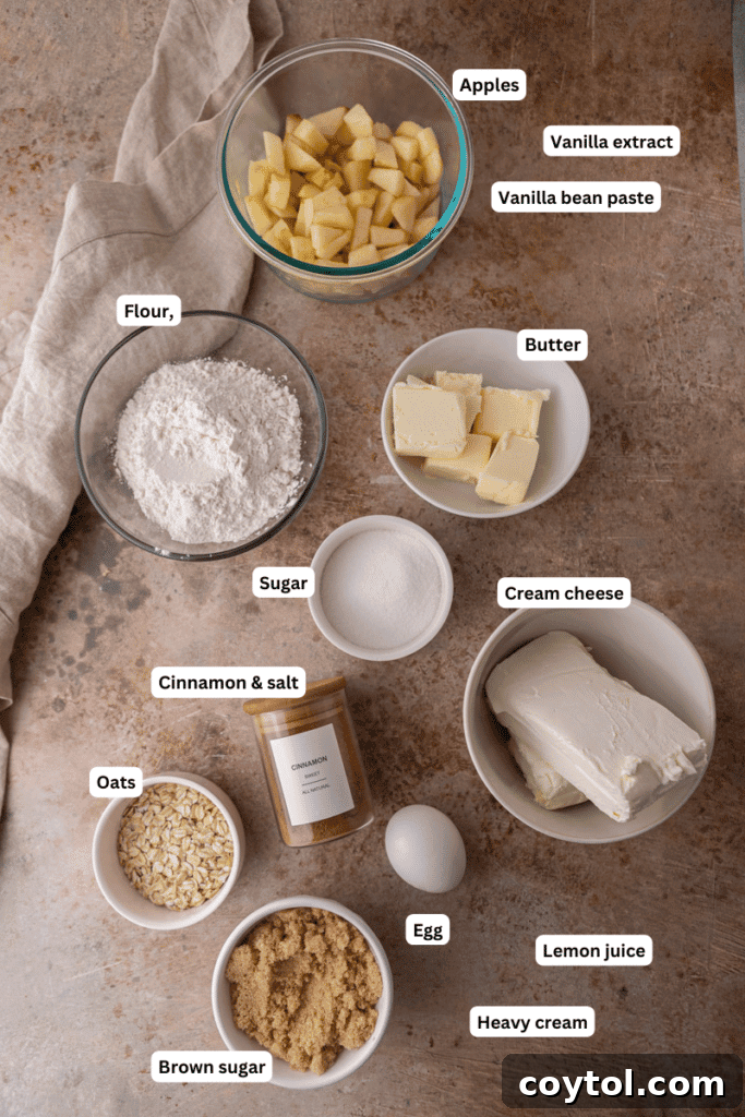 Fresh ingredients laid out on a kitchen counter, ready for baking delicious apple cheesecake bars.