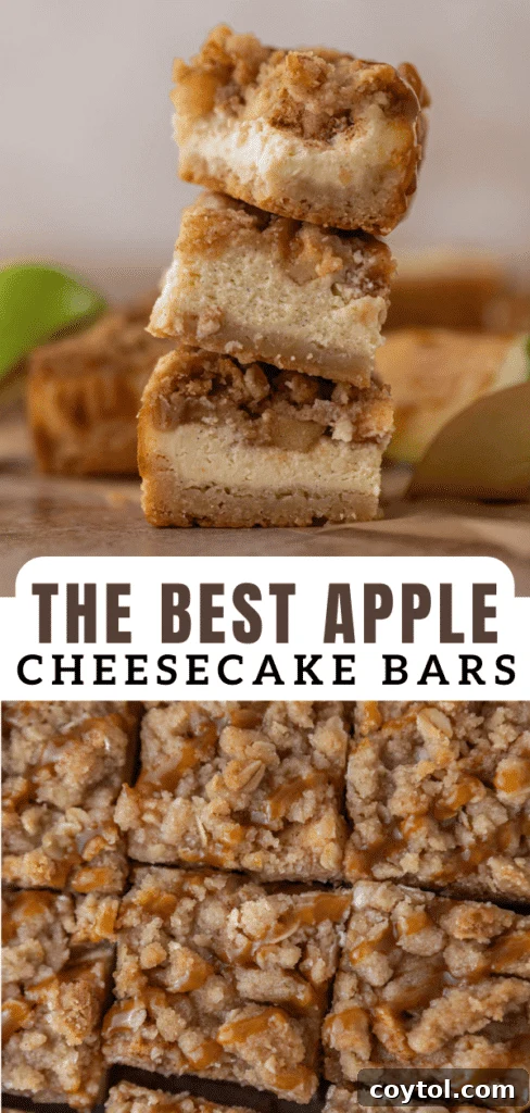 Homemade apple cheesecake bars with streusel, ideal for pinning and sharing.