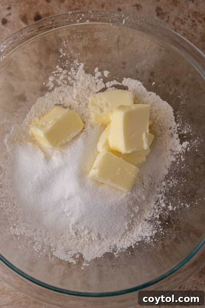 Shortbread crust ingredients ready for mixing, featuring butter, flour, and sugars.
