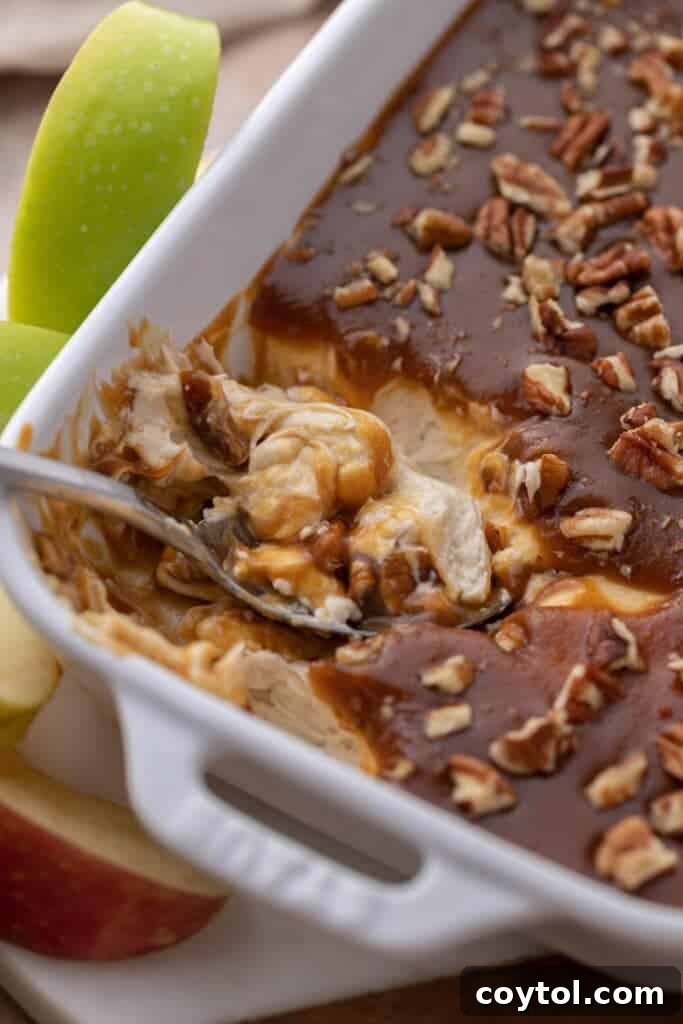 Caramel apple dip recipe presented beautifully with various dippers