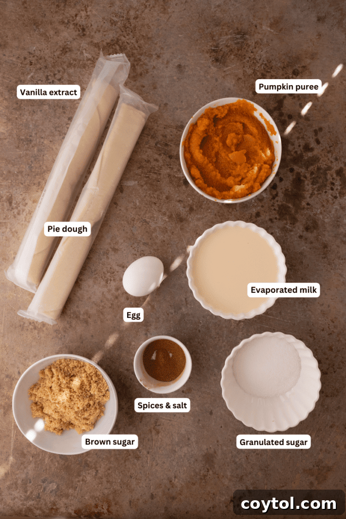 Ingredients for making mini pumpkin pies, neatly arranged on a rustic wooden table, showing spices, pumpkin puree, and pie crust.