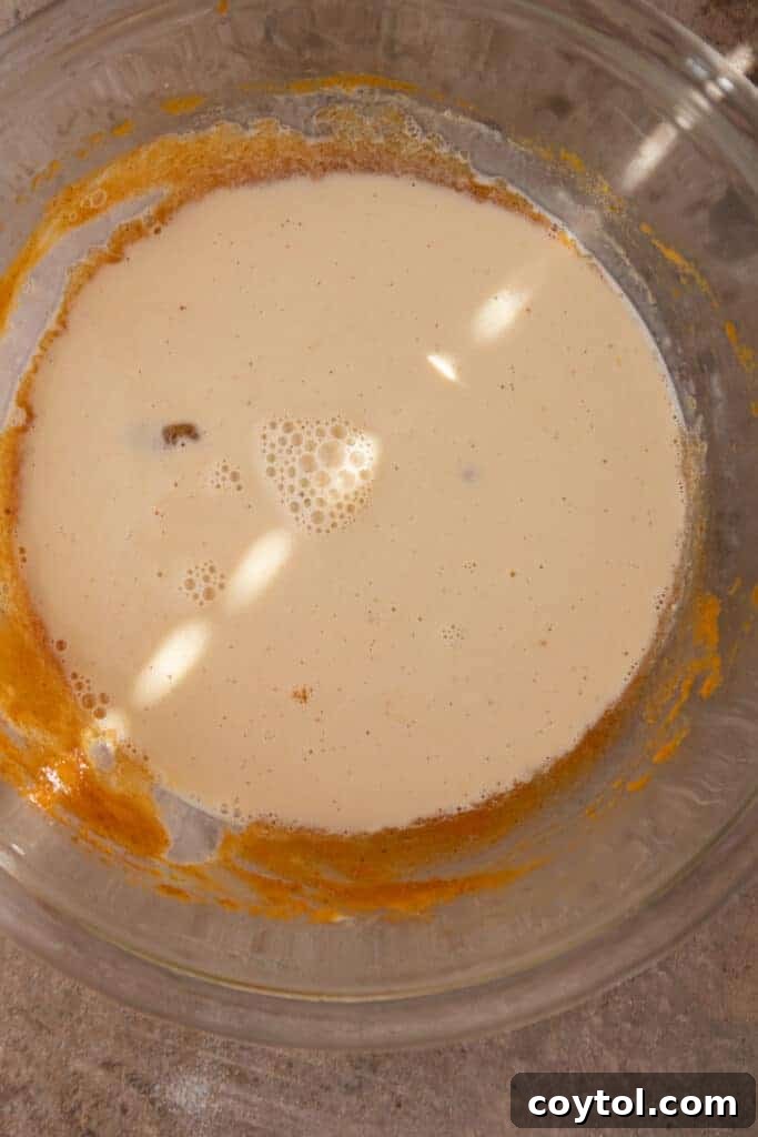 Fully mixed ingredients for pumpkin pie filling, ready to be poured into crusts.